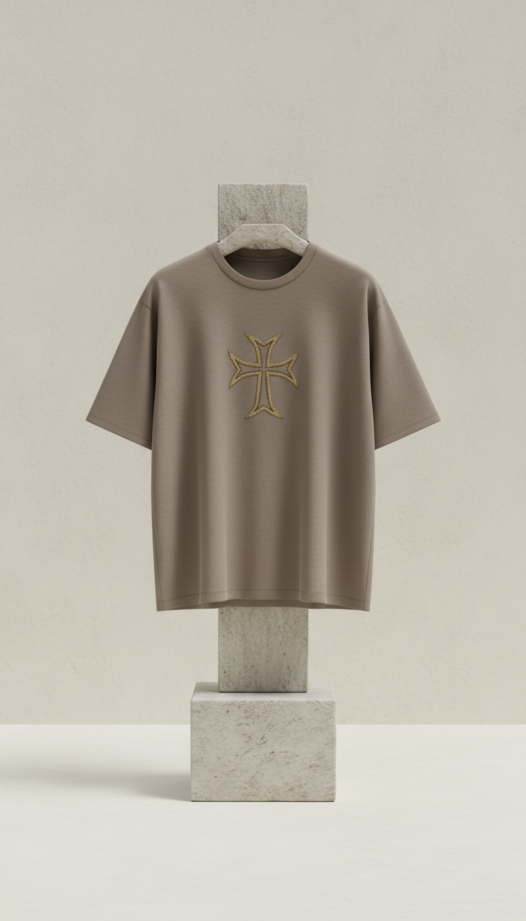 Taupe relaxed tee with crusader cross embroidery