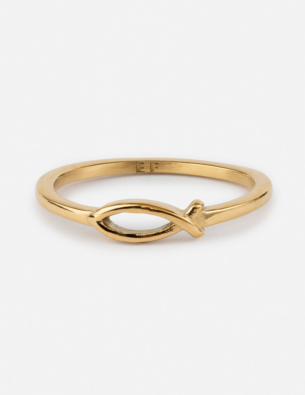 Gold ring with a fish symbol on a white background