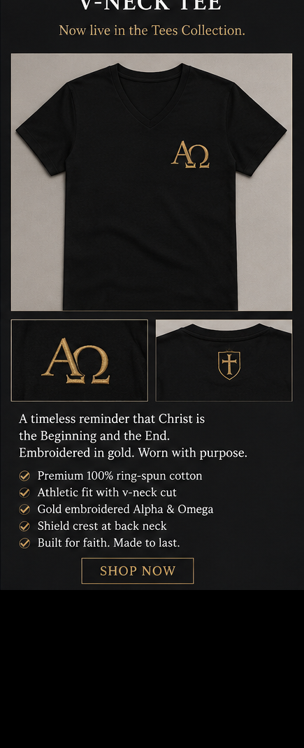 Black Alpha Omega V-Neck Tee with gold embroidered Alpha and Omega