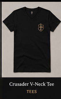 Milites Christi black V-neck sweater with subtle gold cross crest