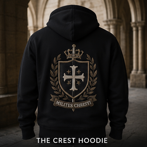 Milites Christi Crest Hoodie with burgundy and gold crest